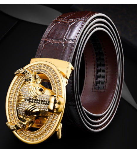 Automatic Buckle  Leather With Diamond-studded  Pattern Bull Head Belt - Heritage cosmetics and beauty care