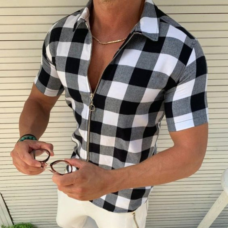 Plaid T Shirt Mens Zipper Short Sleeve Shirts Summer Men Clothing - Heritage cosmetics and beauty care